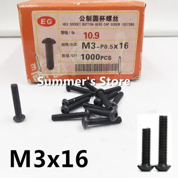 

100pcs/lot ISO7380 M3 Alloy Steel Screw Hex Socket Button Head Cap Screw M3*16mm black screw bolt Grade 10.9