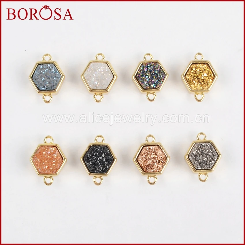 

BOROSA 10PCS Hexagon Gold Color Bezel Natural Stone Titanium Rainbow Druzy Connector Double Bails for Jewelry Making ZG0138