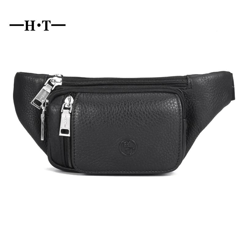 HT Genuine Leather Men's Waist Bag Brand Designer Leather Casual Waist Belt Pack High Quality Waist Belt Bag Male Black Zipper