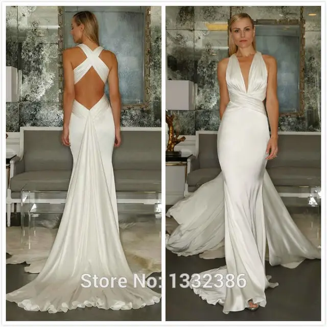 Y Backless Silk Satin Wedding Dress V Neck Long Train Bride Y Backless Silk Satin Wedding Dress V Neck Long Train Bride Dresses 2017 With Criss