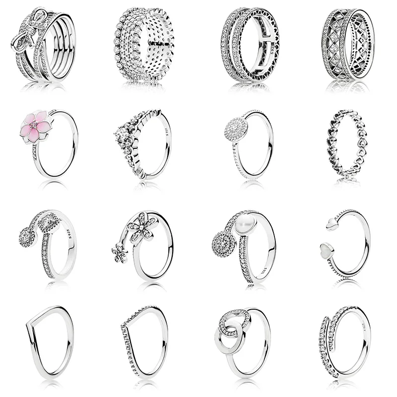 

16 Style Silver Ring Charms Love Heart Crown Hollow Round Flowers Crystal Rings For Women Jewelry