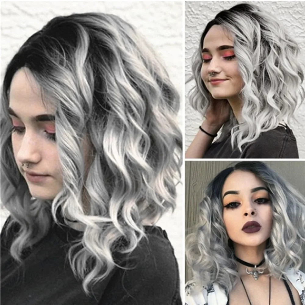 

Women Short Wavy Wigs Bobo Human Hair Rose net Wig Glueless Front Wigs High Temperature Fiber Black Gray Styling Wigs 2U81206