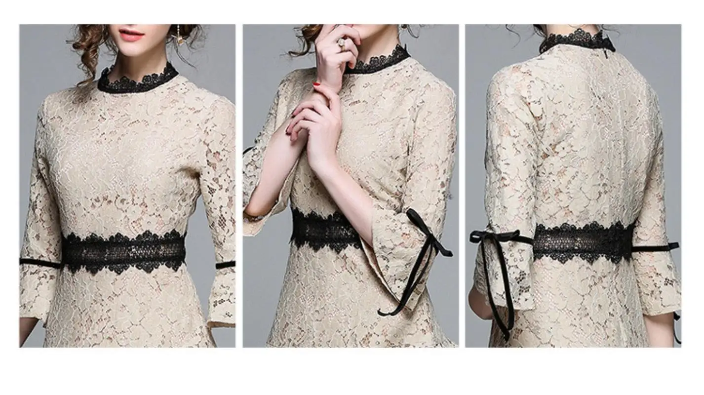 HIGH QUALITY New Fashion 2018 Runway Dress Women's Flare Sleeve Hollow out lace fishtail dress Lady Skirt Midi Dress