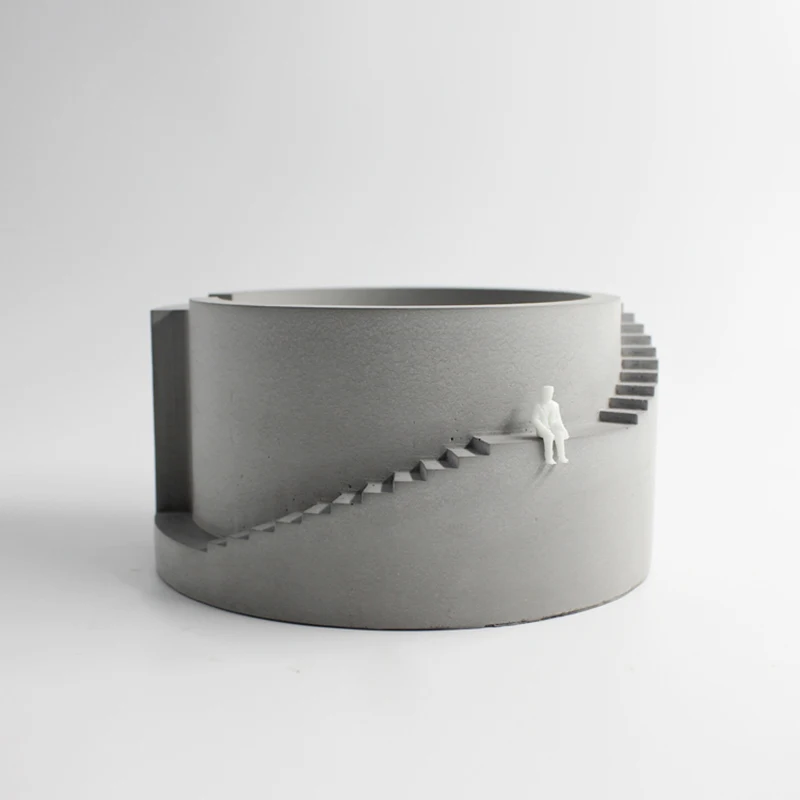 

Silicone Flowerpot Mold Concrete Circular Building with Staircase Shape Cement Planter for Bonsai Tool