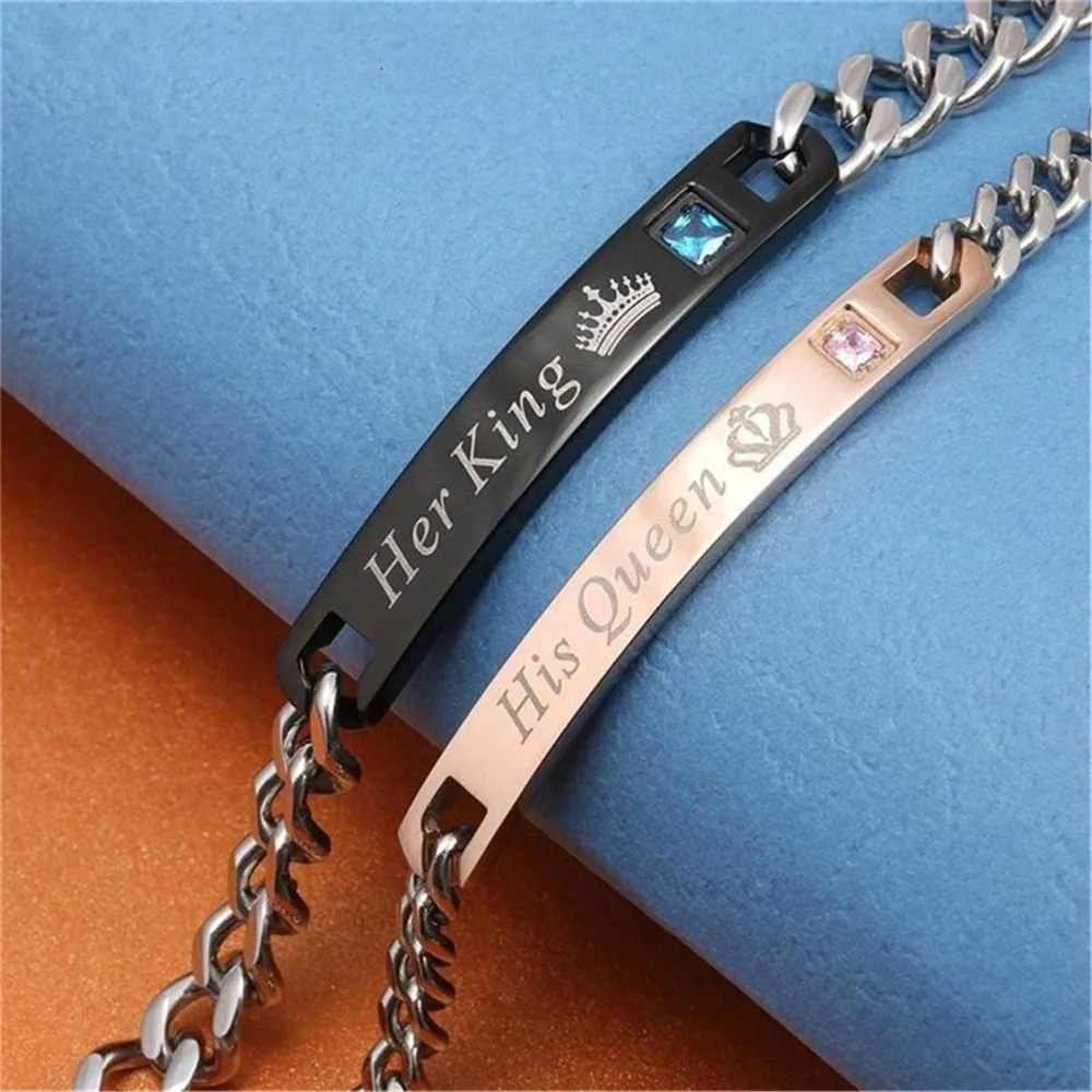 

Fashion Link Chain Her King His Queen Lovers Bracelet Stainless Steel Crystal Crown Charm Bracelets Women Men Gifts for Couples