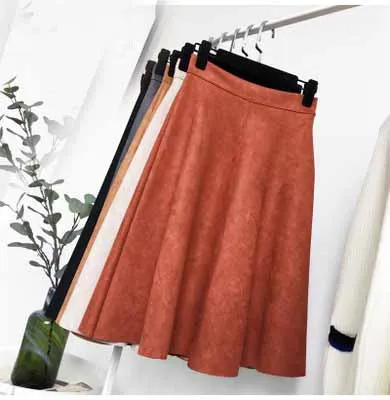 Осенняя замшевая Женская юбка бархатная зима миди винтажная юбка с длиной до колена Юбки с высокой талией Женская плотная плиссированная юбка леди