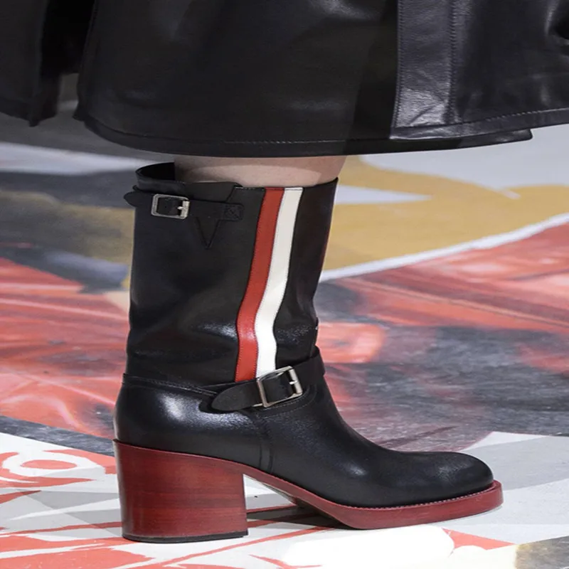 

THEMOST real leather ladies knees thick red white striped buckle women's boots SHOES WOMAN Genuine leather botas mujer