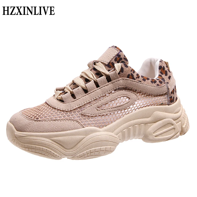 

HZXINLIVE 2019 New Leopard Chunky Sneakers Woman Fashion Breathable Shoes Women Sneakers Tenis Feminino Ladies Wedge Espadrilles