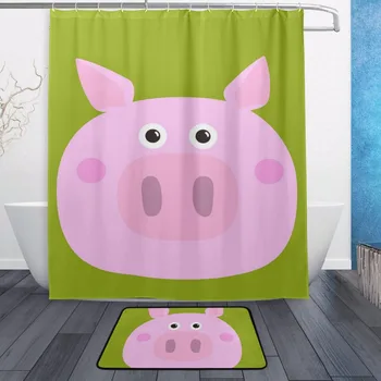 

Decorative Waterproof Polyester Shower Curtain 152cmx183cm With Hooks Non Slip Doormat Bathroom Floor Mat Cute Pink Pig Green