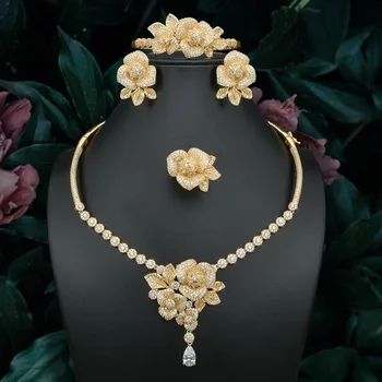 

ModemAngel Fashion Luxury Super Boom Flowers Full Micro Cubic Zirconia Women Wedding Dress Necklace Bangle Earring Ring Jewelry