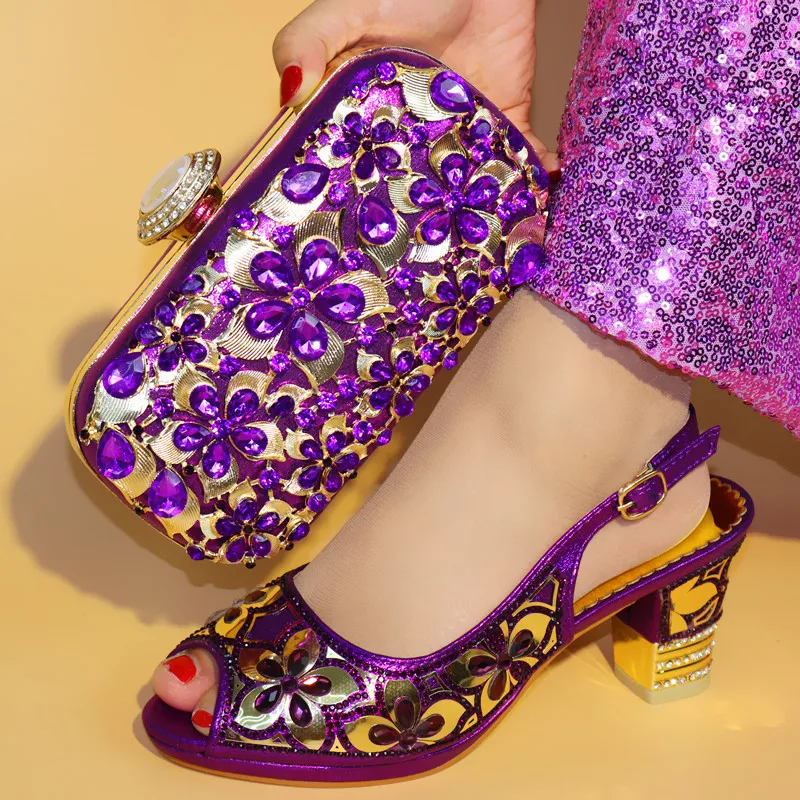 

Purple Color Italian Shoes with Matching Bags Set Decorated with Rhinestone African Wedding Shoe and Bag Set Party Shoes and Bag