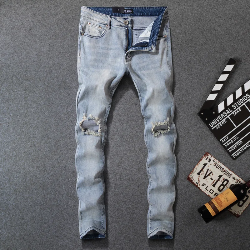 

Summer Fashion Men Jeans Light Blue Color Slim Fit Elastic Denim Classical Pants hombre Streetwear Hip Hop DSEL Jeans homme