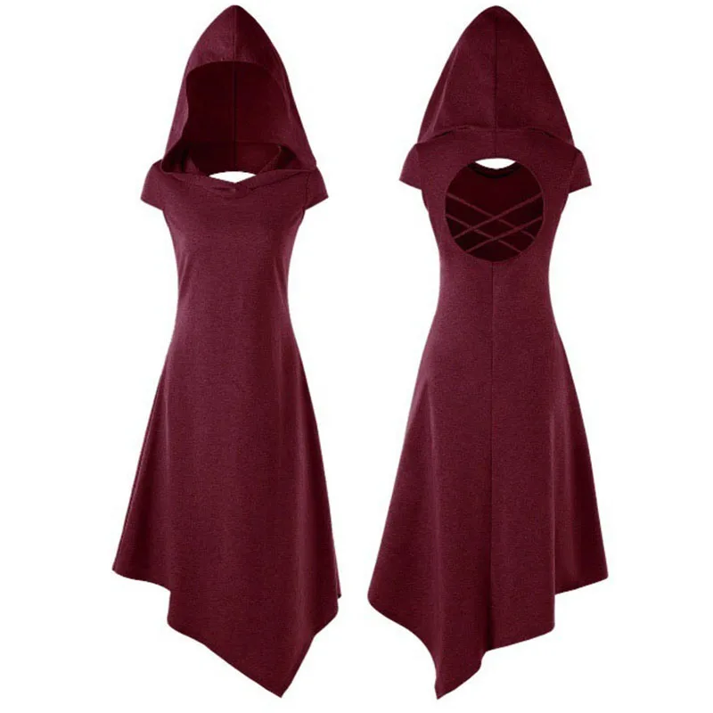 

2018 New Summer Goth Women Cosplay Dress Steampunk Witch Hooded Hollowed Long Dress