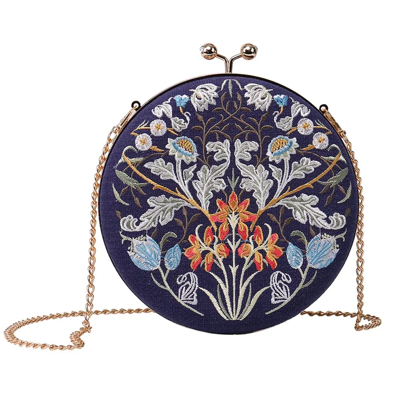 Новинка, стильный вечерний клатч с цветочной вышивкой, круглые вечерние сумки с цепочкой, свадебная сумка, BG-002 - Цвет: blue