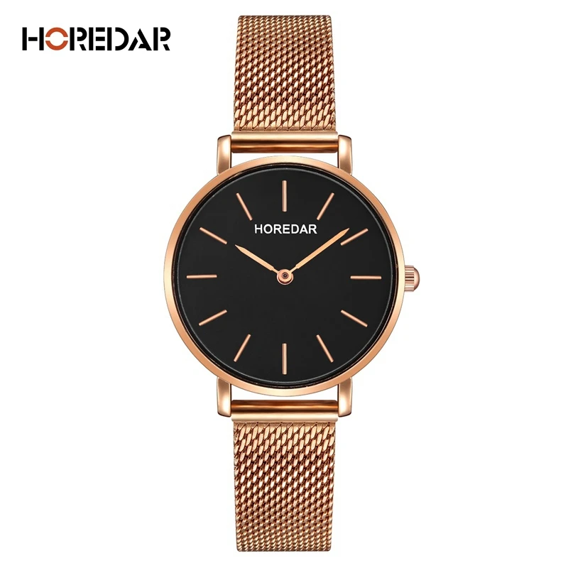 HOREDAR Luxury Steel Mesh Women Watch Ladies Ultra Thin Stainless Steel Band Quartz Wristwatch Fashion Female Clock Hot Relogio: