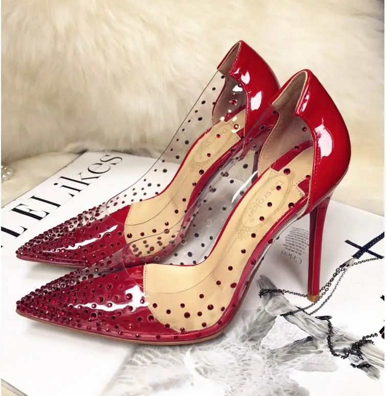 

Wedding shoes female 2019 new rhinestone transparent crystal shoes female wild sexy pointed silver high heels female fine with