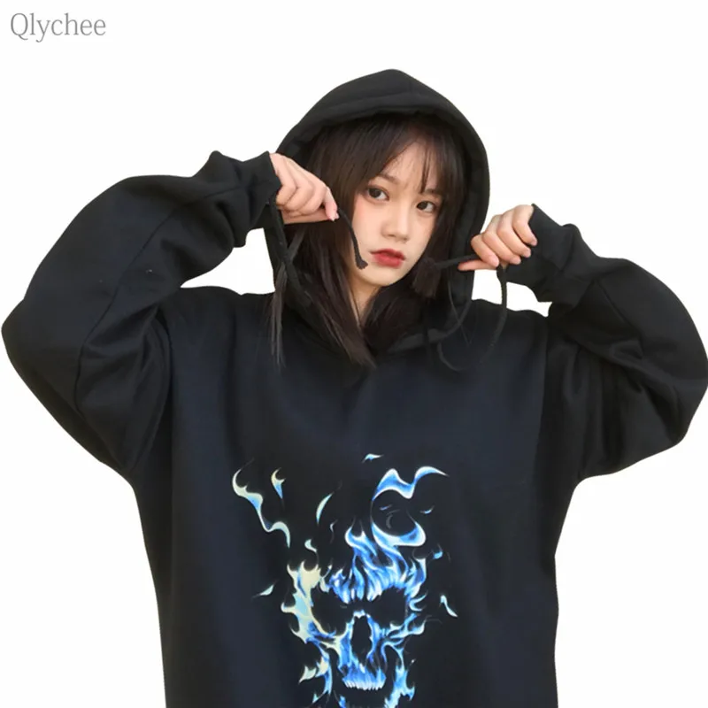 Qlychee Flame Ghost Letter Print Hooded Sweatshirt Female