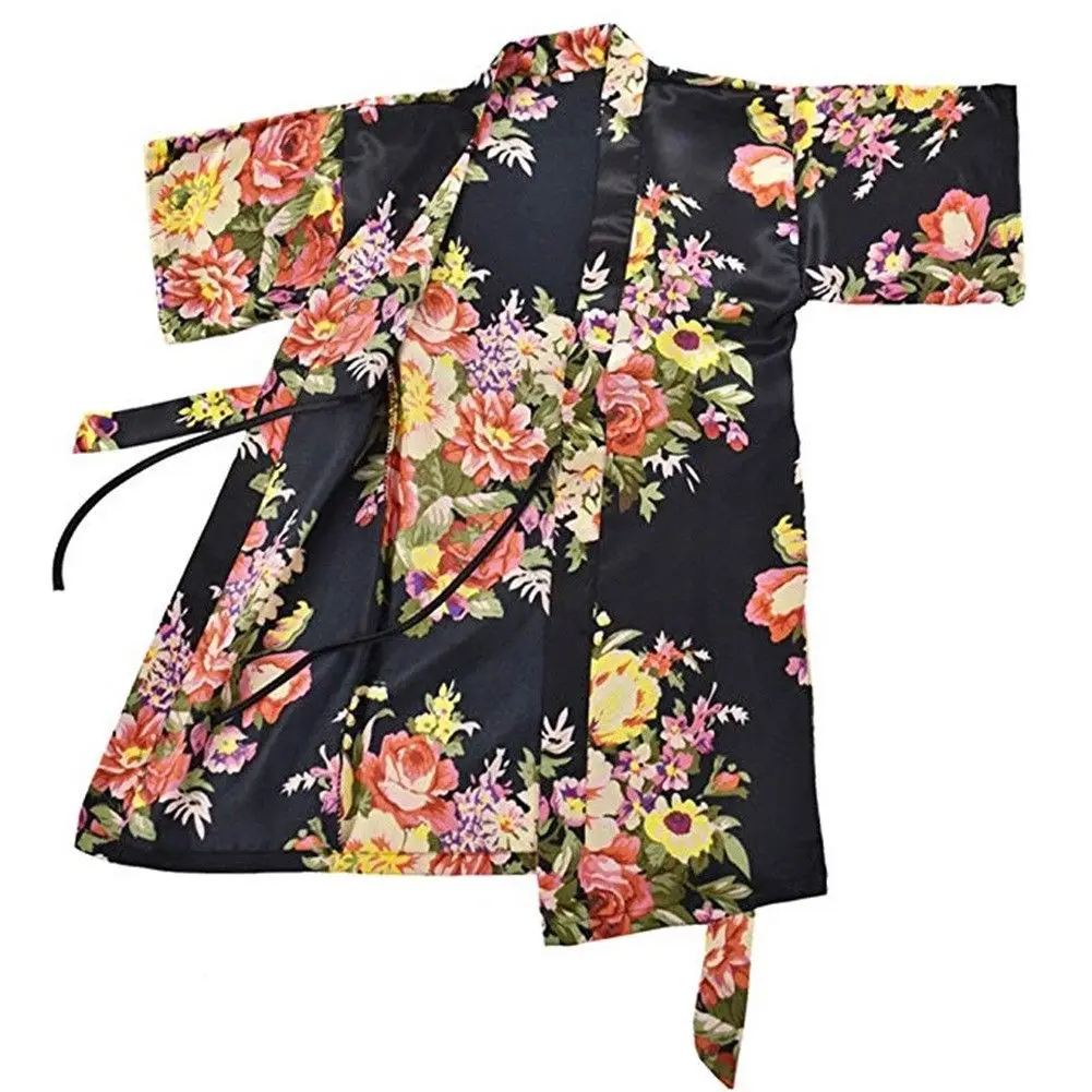 Новая модная детская Ночная одежда для девочек, летняя атласная Шелковая пижама для девочек, милая Повседневная Ночная рубашка с цветочным рисунком, банный Халат - Цвет: Черный