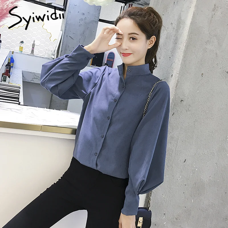 

women shirts blue blouse lantern sleeve solid womens tops blouse spring 2019 New Fashion Women Blouse double layer