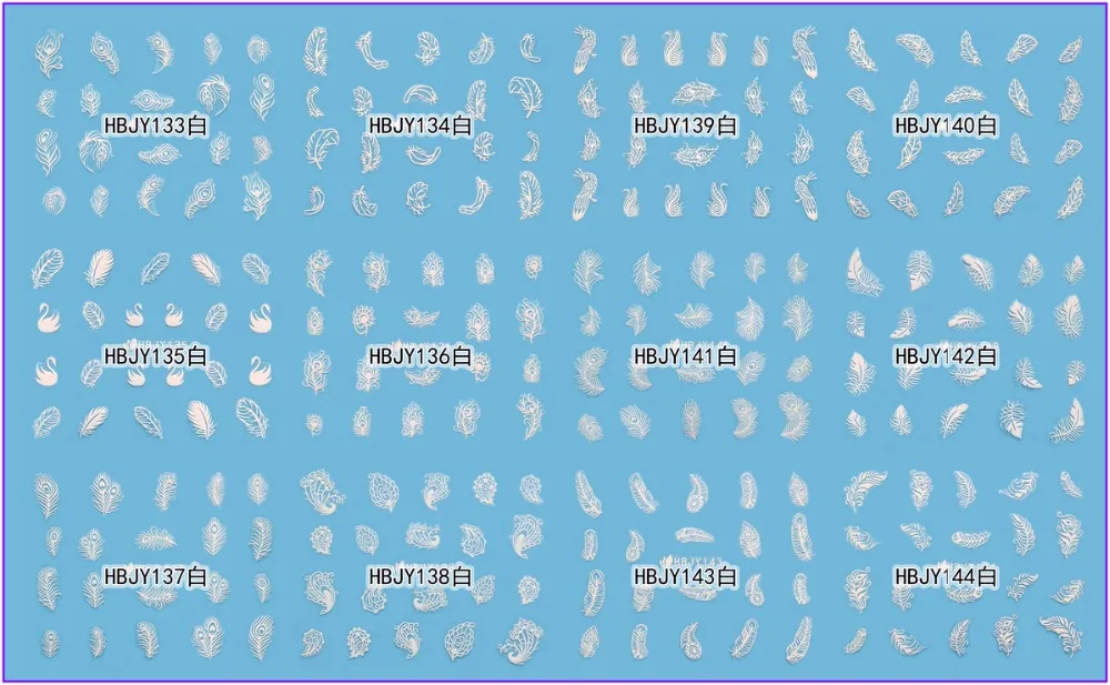 

12 PCS / LOT SELF-ADHESIVE 3D NAIL TATTOOS STICKER WHITE BLACK GOLD SILVER BIRD WING PLUME PINNA FEATHER HBJY133-144
