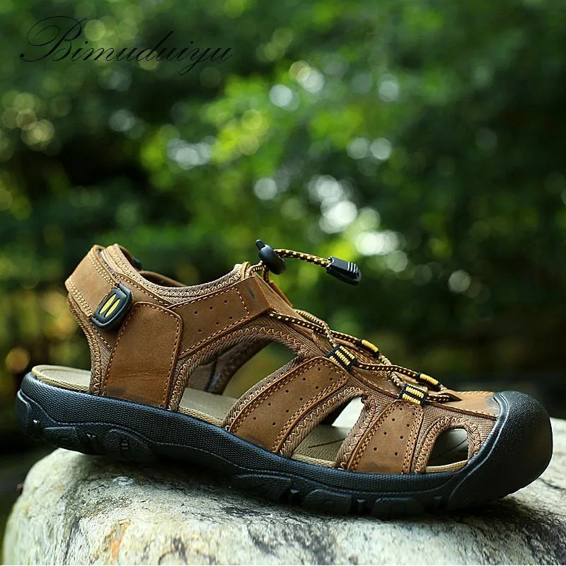 BIMUDUIYU; фирменные мужские сандалии; Повседневная обувь из натуральной кожи на мягкой подошве; качественная летняя пляжная обувь; универсальная обувь; большие размеры