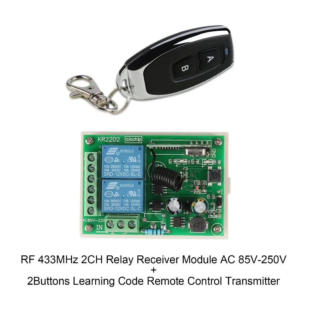 QIACHIP Wireless Remote Control Switch RF 433MHz 2CH AC 85V~250V 110V 220V Relay Receiver Module and Learning Code Remote Controls Tranmitter