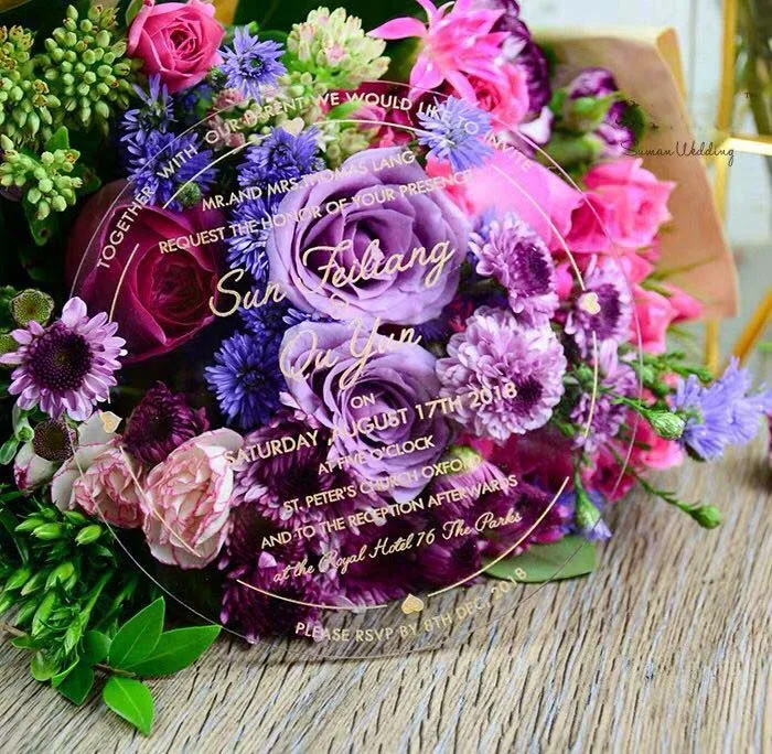 

free shipping 20pcs personalized wedding invitations card acrylic Custom wedding invitations elegant lucency gold letters