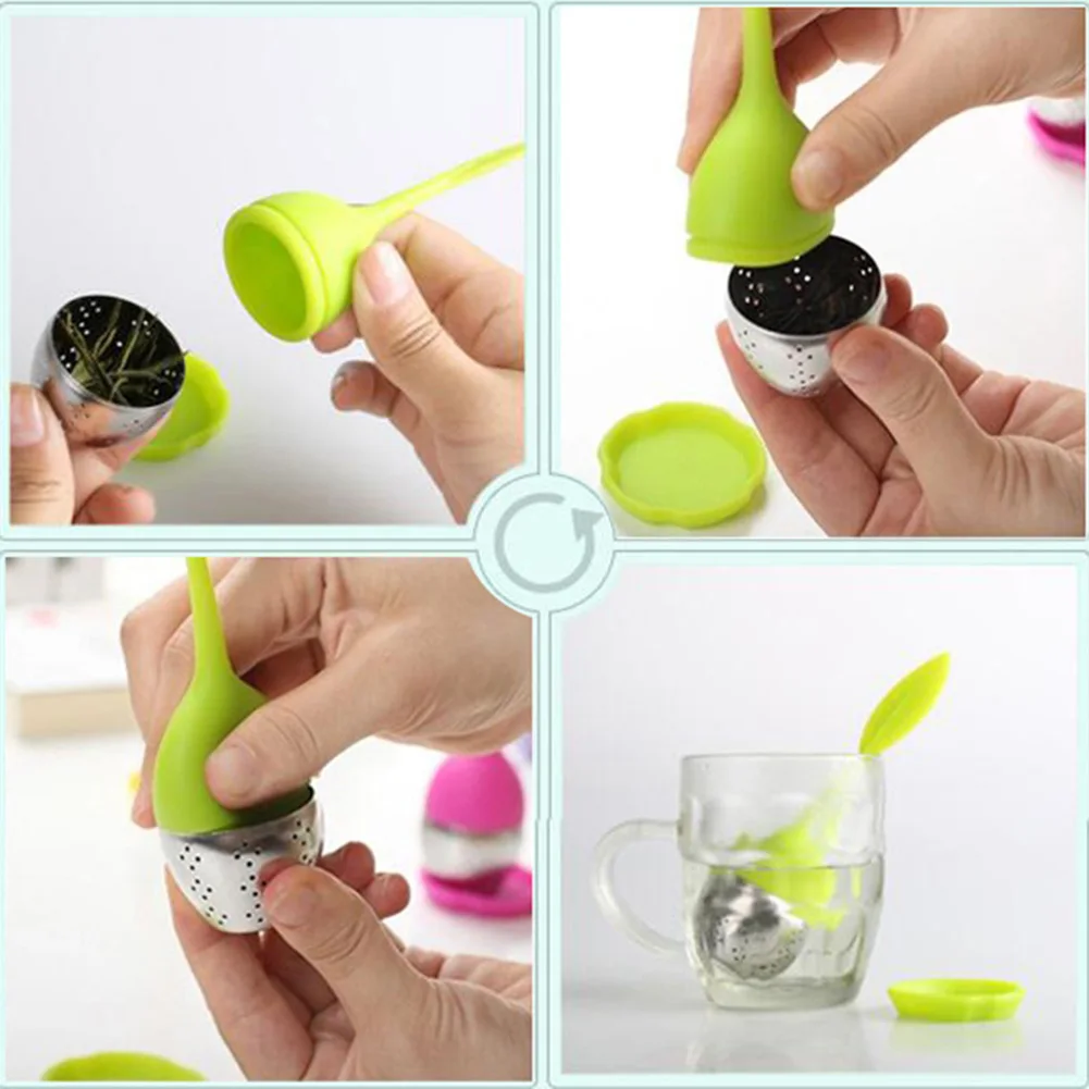 

6 Colors Silicone Tea Infuser Reusable Tea Strainer Sweet Leaf with Drop Tray Novelty Tea Ball Herbal Spice Tea Filter Tool