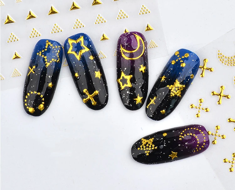 

1pc 3D Nail Sticker Decal Sliders For Nails Star Moon Triangle Image Stickers Transfer Gold Color Adhesive Nail Art Decoration