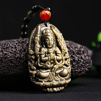 

High Quality Golden Natural Black Obsidian Pendants Fine Carved Buddha Lucky Amulet Pendant Necklace For Women Men Jewelry