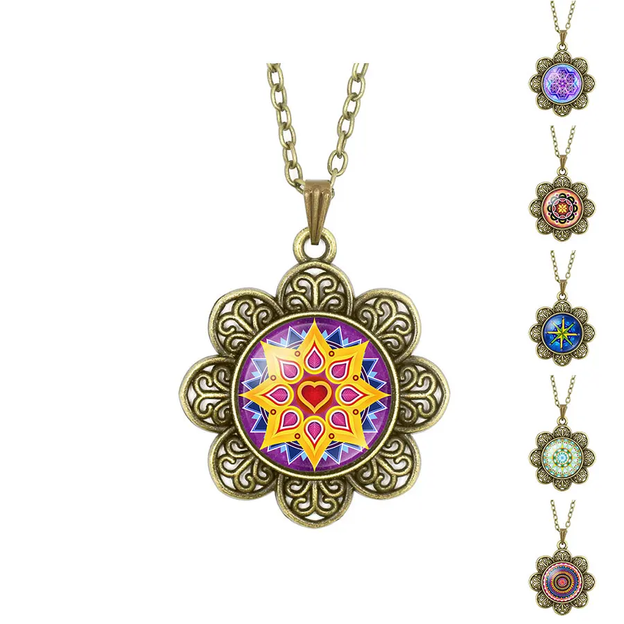 NingXiang Retro Flower Pendant Buddhism OM Symbol India Mandala Necklace For Women Glass Cabochon Zen Picture | Украшения и