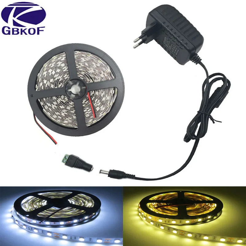 

White Warm white Single Color LED Strip DC12V 300LEDs/5m 5050 2835 SMD Flexible led Strip Light Tiras+2A power Light Garland
