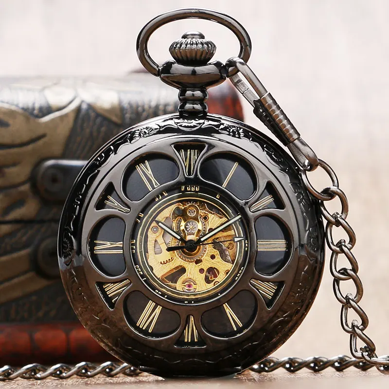 Pánské Steampunk auto automatické mechanické skeleton duté analogové vintage kapesní hodinky římské číslice ženy klasické řetězec přívěsek