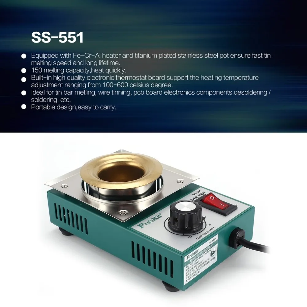 

Proskit 150W Solder Pot Tin Melting Soldering Desoldering Bath Furnace 100-600 degree Fast Heating Adjustable Temp Welding Tool