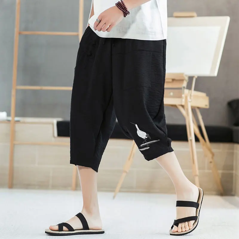 

Summer Linen Calf-Length Pants Crane Embroidery Men's Pants Elastic Waist Large Size Calf-Length Pants