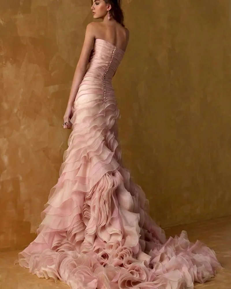 Light-Pink-Mermaid-Wedding-Dresses-Tiered-Organza-Court-Train-Strapless-Vestido-De-Noiva-Custom-Made-Rose (1)