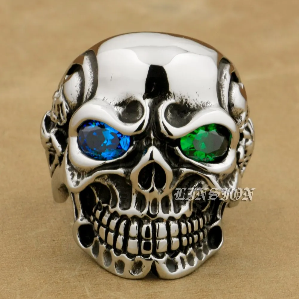 

316L Stainless Steel Blue Green CZ Eyes Titan Skull Mens Boys Biker Ring 3A501A US Size 8-15
