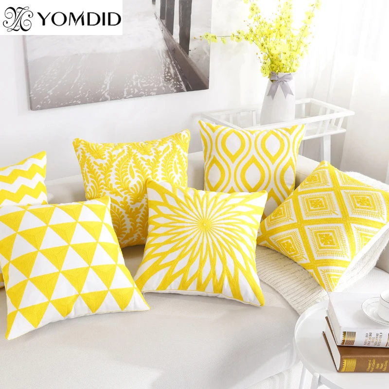 

Embroidered Cushion Cover yellow Geometric Cotton Square Pillow Cover 45x45cm simple style home Car decorative pillow cases