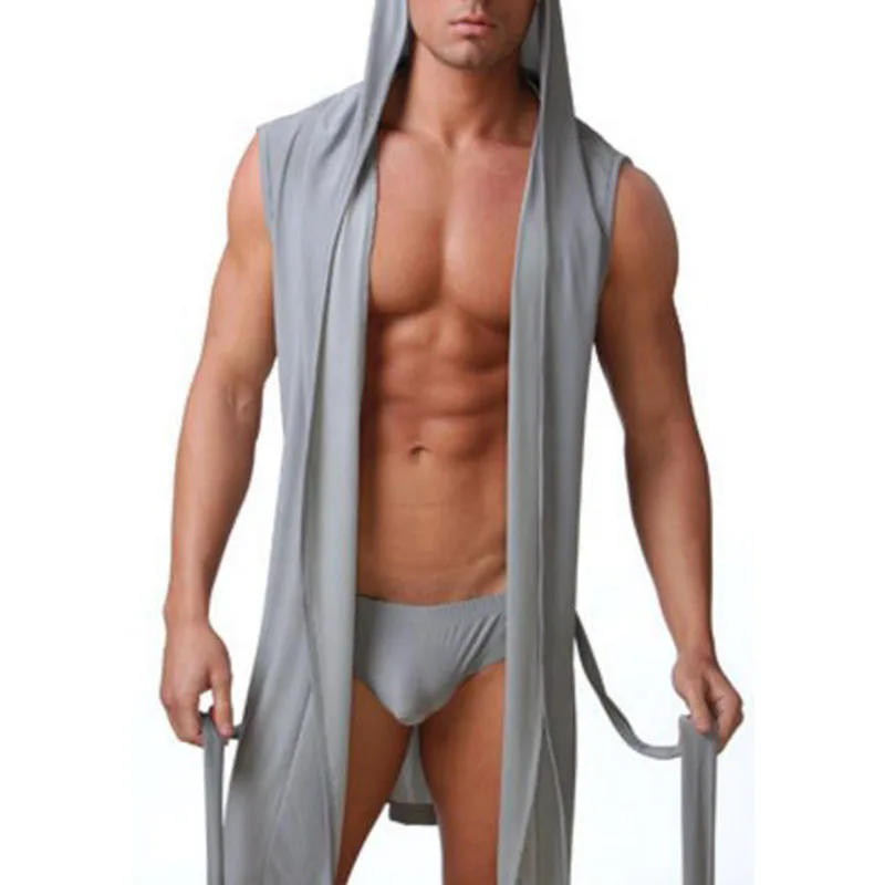 Мужские сексуальные пижамы без рукавов Халат с капюшоном халат повседневные пижамы мужские халаты удобный сексуальный домашний халат с нижним бельем