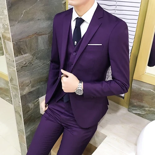 10 цветов) куртка+ брюки+ жилет/костюм мужской бизнес Профессиональный оснастки 3 комплекта, жених свадебное платье Хост костюмы - Цвет: purple