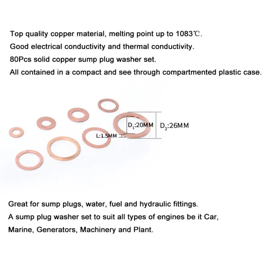 80 шт., 8 размеров, медные шайбы, отстойная вилка, ассортимент, Набор Шайб, пластиковая коробка, профессиональное оборудование, авто аксессуары