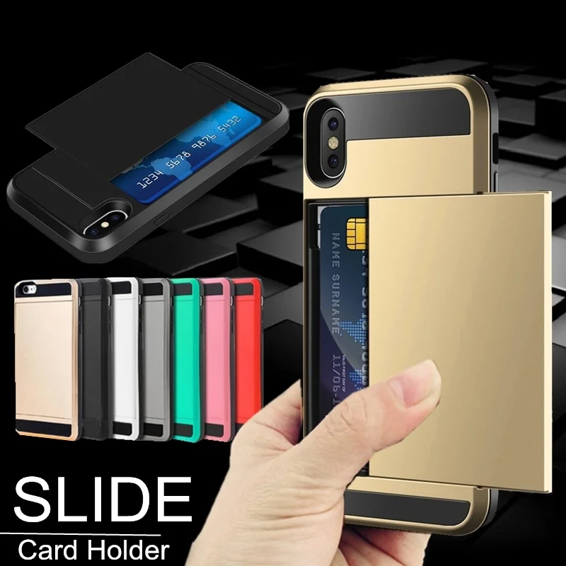 

Luxury Slider Card Holder Wallet Phone Case For iphone 7 6S 6 8 Plus Hybrid Shockproof Armor Case for iphone X XS Max XR 5 5S SE