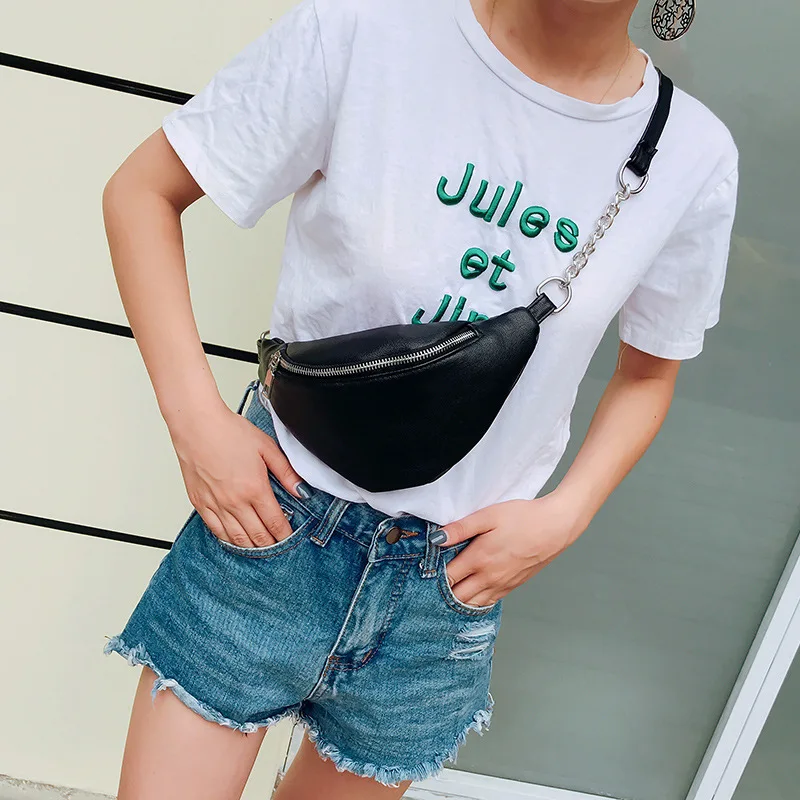 

Fashion Chain Women Messenger Bag Casual Travel PU Leather Black and White Crossbody Bag Outdoor Belt Chest Bag