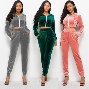 

Autumn Velvet Women 2 Pcs Set Cropped Top And Pants Tracksuits Winter Zipper Hoodies Long Trousers Sportswears Plus Size XL