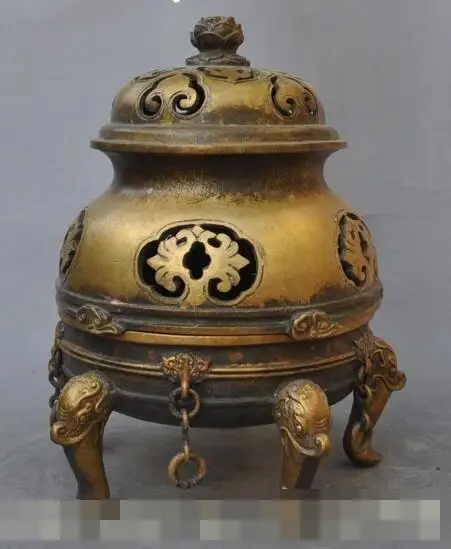 

S01187 9"marked china buddhism bronze lotus Elephant Head statue incense burner Censer (B0413)