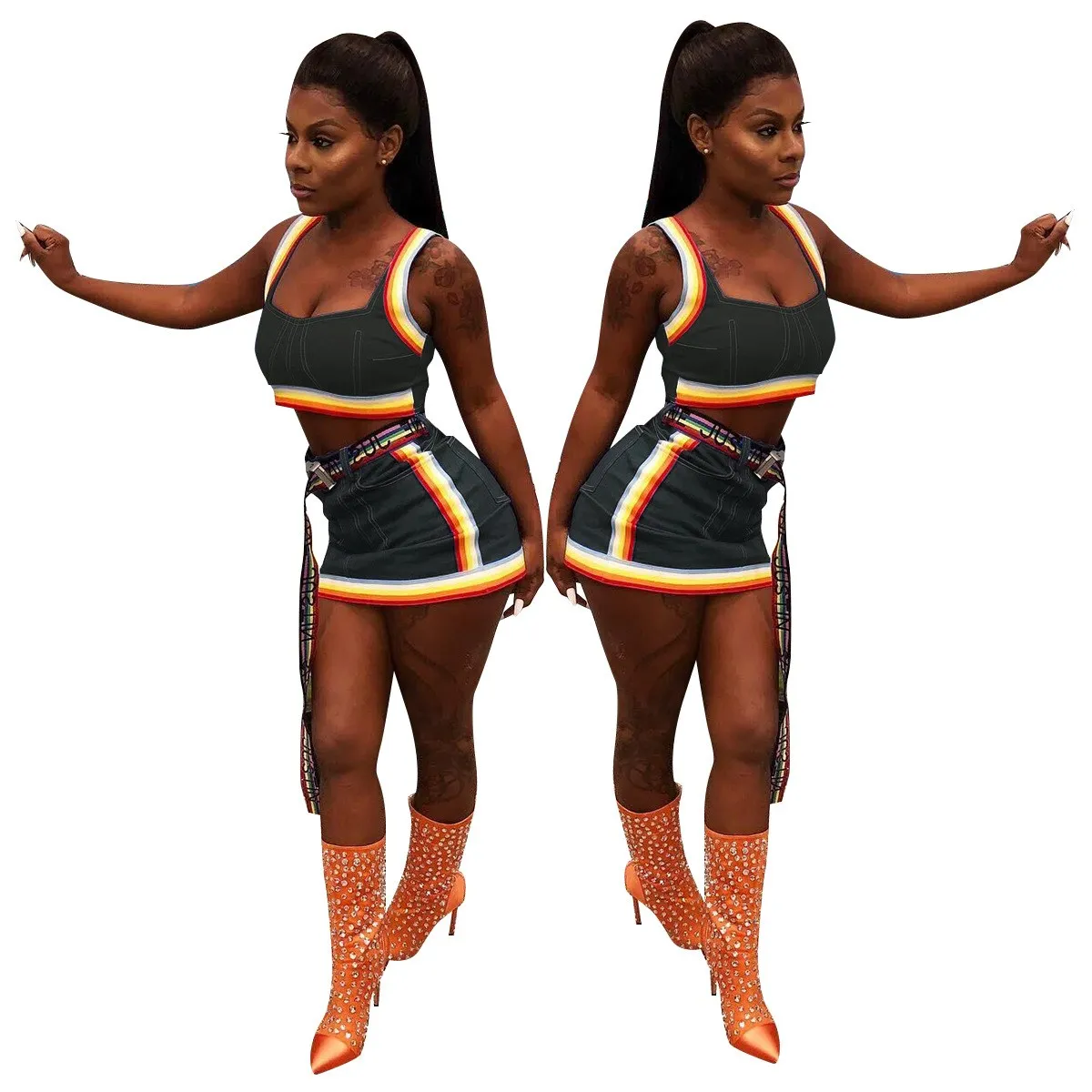 2019 Sexy Women Two Piece Set Sleeveless Jeans Crop Top And Mini Skirt