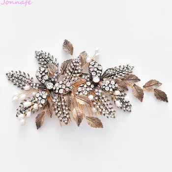 

Jonnafe 2019 Vintage Leaf Headpiece Rhinestone Flower Wedding Comb Hair Accessories Handmade Bridal Crown Hair Jewelry