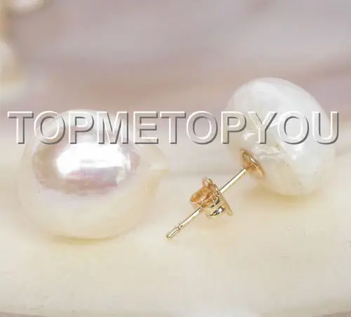 

Free Shipping >>>> Stud BAROQUE 14mm white freshwater pearls Earrings 14K gold post E104