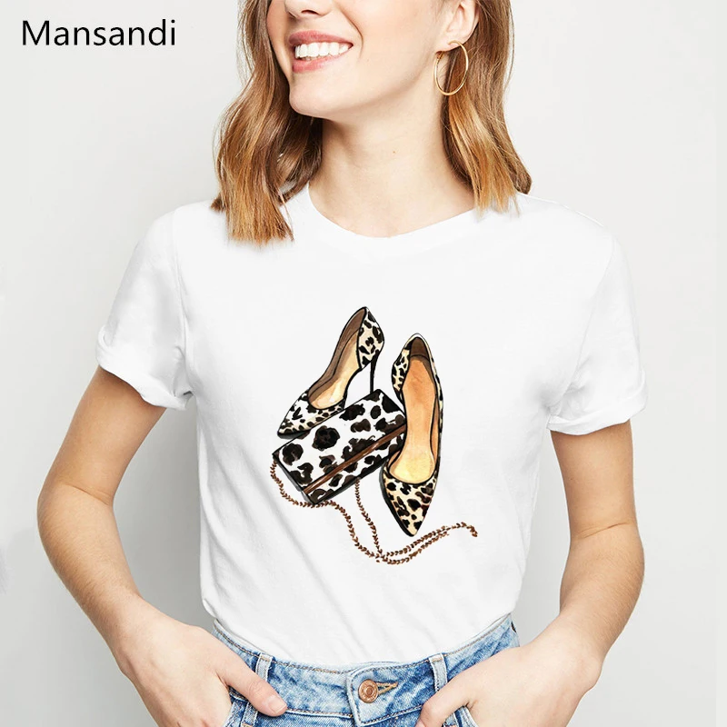 

vogue t shirt women clothes 2019 Leopard High-heeled Shoes Printed t shirt female tumblr tops tee shirt femme harajuku shirt