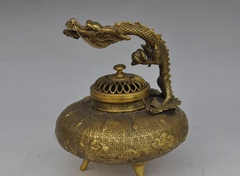 

9"chinese fengshui brass Ancient text dragon Beast statue incense burner Censer